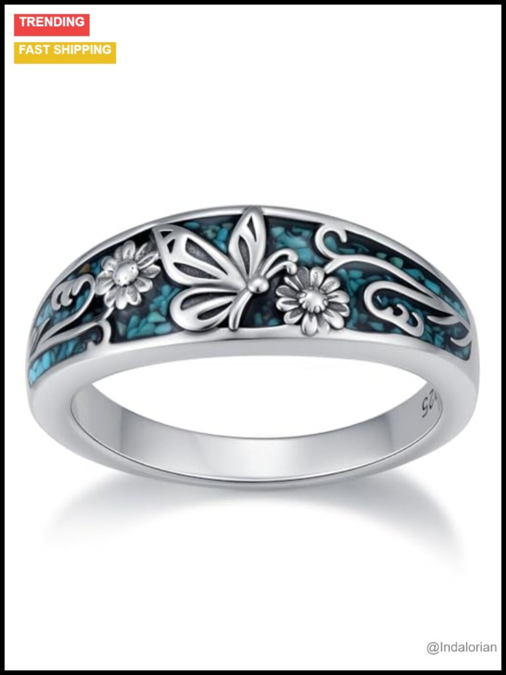 925 Sterling Silver Turquoise Butterfly Ring Boho Statement Jewelry